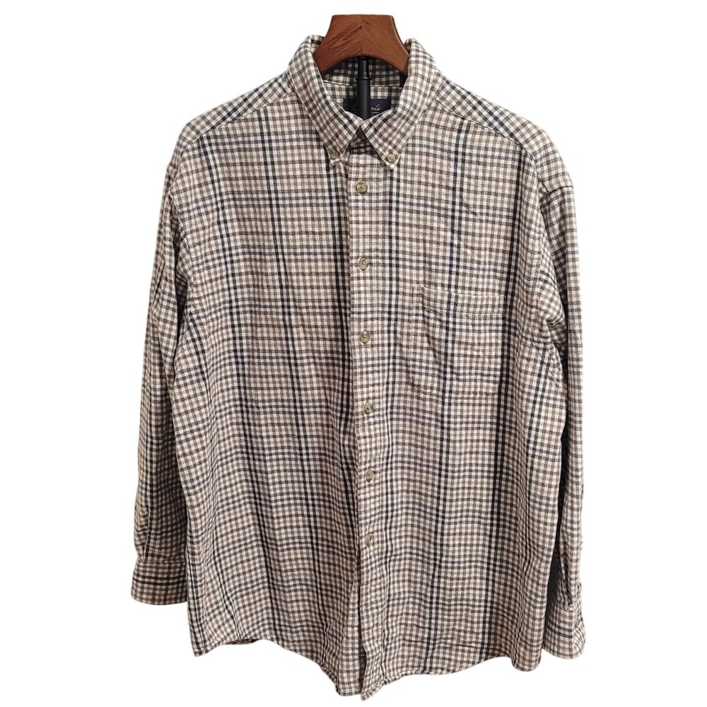 Men's XL Plaid‎ Flannel Shirt 100% Cotton Tan Brown Workwear Gorpcore Outdoor